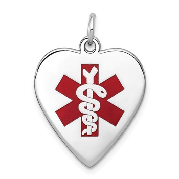 14k White Gold 19mm Heart-Shaped Red Enameled Medical Jewelry Pendant