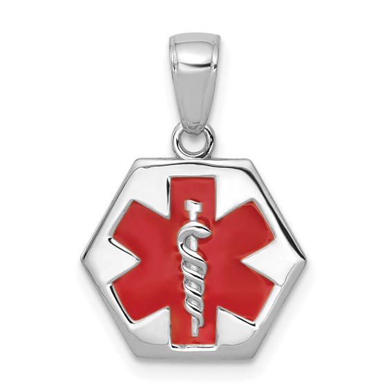 14K White Gold Medical Alert Charm with Red Enamel | Star of Life Engraved ID | Charmed Medical Jewelry