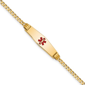 14K Medical Solid Chain/Solid Plate 24x7mm Soft Diamond Shape Centered Red Enamel Curb Link 7 inch ID Bracelet