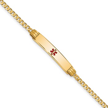 14K Medical Solid Chain/Solid Plate 26x5mm Centered Red Enamel Curb Link 7 inch ID Bracelet