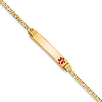 14K Medical Solid Chain/Solid Plate 26x5mm Off-Center Red Enamel Curb Link 7 inch ID Bracelet