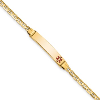14K Medical Solid Chain/Solid Plate 26x5mm Off-Center Red Enamel Anchor Link 6 inch Baby/Child ID Bracelet