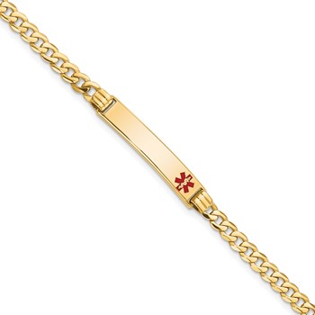 14K Medical Solid Chain/Solid Plate 26x5mm Off-Center Red Enamel Curb Link 8 inch ID Bracelet