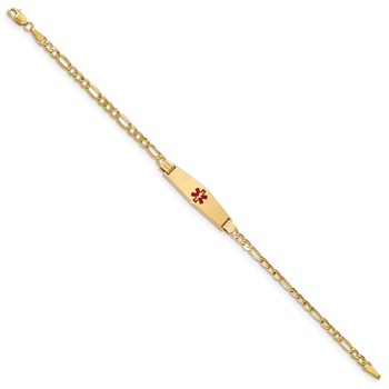 14K Medical Semi-Solid Chain/Solid Plate 26x7mm Soft Diamond Shape Centered Red Enamel Figaro Link 7 inch ID Bracelet — alternate view