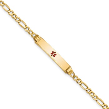 14K Medical Semi-Solid Chain/Solid Plate 26x5mm Centered Red Enamel Figaro Link 7 inch ID Bracelet