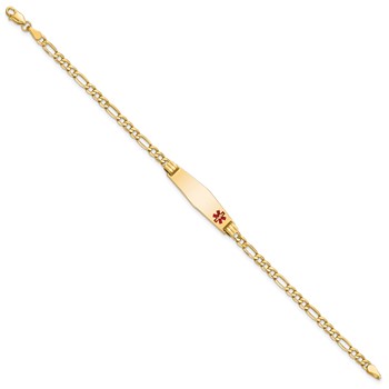 14K Medical Semi-Solid Chain/Solid Plate 26x7mm Soft Diamond Shape Off-Center Red Enamel Figaro Link 7 inch ID Bracelet — alternate view