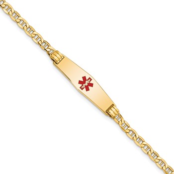 14K Medical Semi-Solid Chain/Solid Plate 26x7mm Soft Diamond Shape Centered Red Enamel Anchor Link 7 inch ID Bracelet