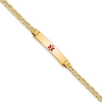 14K Medical Semi-Solid Chain/Solid Plate 26x5mm Centered Red Enamel Anchor Link 7 inch ID Bracelet