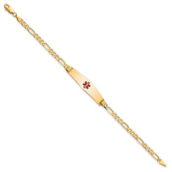 14K Medical Solid Chain/Solid Plate Soft Diamond Shape 33x8mm Centered Red Enamel Flat Figaro Link 7 inch ID Bracelet — alternate view