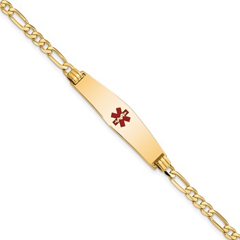 14K Medical Solid Chain/Solid Plate Soft Diamond Shape 33x8mm Centered Red Enamel Flat Figaro Link 7 inch ID Bracelet
