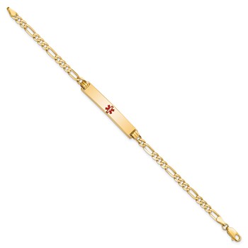 14K Medical Solid Chain/Solid Plate 34x6mm Centered Red Enamel Flat Figaro Link 7 inch ID Bracelet — alternate view