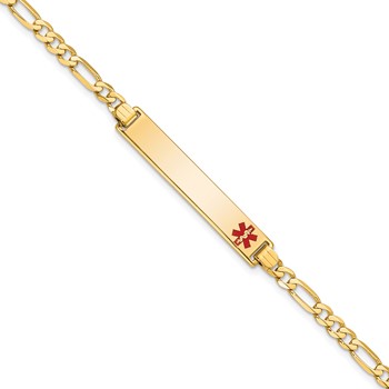14K Medical Solid Chain/Solid Plate 33x6mm Off-Center Red Enamel Flat Figaro Link 7 inch ID Bracelet