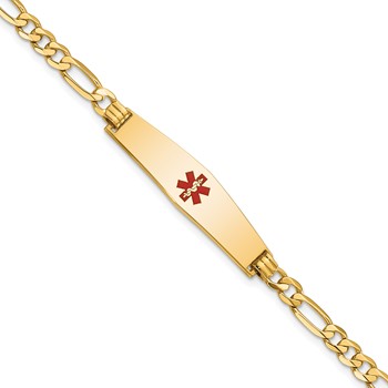 14K Medical Solid Chain/Solid Plate Soft Diamond Shape 33x8mm Centered Red Enamel Flat Figaro Link 7 inch ID Bracelet