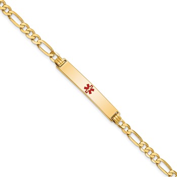 14K Medical Solid Chain/Solid Plate 34x6mm Centered Red Enamel Flat Figaro Link 7 inch ID Bracelet