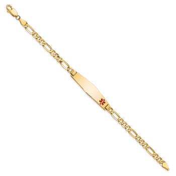 14K Medical Solid Chain/Solid Plate Soft Diamond Shape 33x8mm Off-Center Red Enamel Flat Figaro Link 7 inch ID Bracelet — alternate view