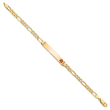 14K Medical Solid Chain/Solid Plate 33x6mm Off-Center Red Enamel Flat Figaro Link 7 inch ID Bracelet — alternate view