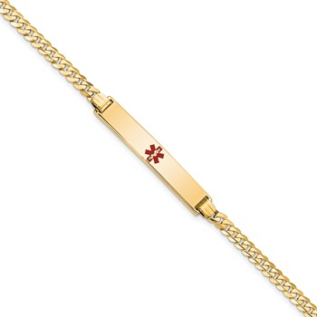 14K Medical Solid Chain/Solid Plate 34x6mm Centered Red Enamel Flat Curb Link 8 inch ID Bracelet
