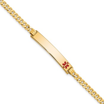 14K Medical Solid Chain/Solid Plate 33x6mm Off-Center Red Enamel Flat Curb Link 7 inch ID Bracelet