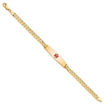 14K Medical Solid Chain/Solid Plate Soft Diamond Shape 33x8mm Centered Red Enamel Flat Curb Link 8 inch ID Bracelet — alternate view