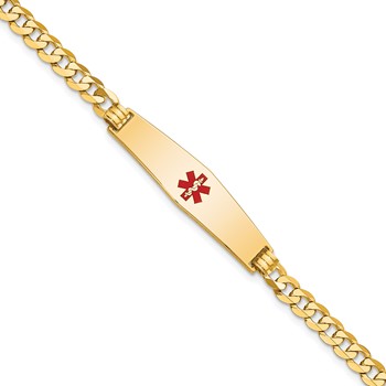 14K Medical Solid Chain/Solid Plate Soft Diamond Shape 33x8mm Centered Red Enamel Flat Curb Link 8 inch ID Bracelet