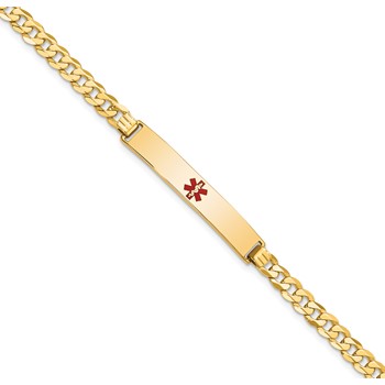 14K Medical Solid Chain/Solid Plate 34x6mm Centered Red Enamel Flat Curb Link 8 inch ID Bracelet