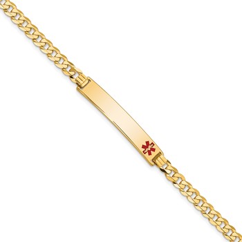 14K Medical Solid Chain/Solid Plate 33x6mm Off-Center Red Enamel Flat Curb Link 8 inch ID Bracelet