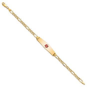 14K Medical Semi-Solid Chain/Solid Plate Soft Diamond Shape 33x8mm Centered Red Enamel Figaro Link 7 inch ID Bracelet — alternate view