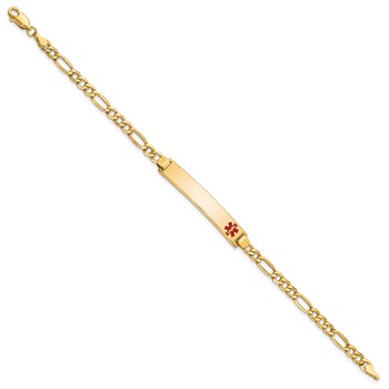 14K Medical Semi-Solid Chain/Solid Plate 35x6mm Off-Center Red Enamel Figaro Link 7 inch ID Bracelet — alternate view