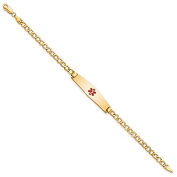 14K Medical Semi-Solid Chain/Solid Plate Soft Diamond Shape 33x8mm Centered Red Enamel Curb Link 7 inch ID Bracelet — alternate view