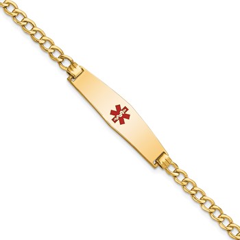 14K Medical Semi-Solid Chain/Solid Plate Soft Diamond Shape 33x8mm Centered Red Enamel Curb Link 7 inch ID Bracelet