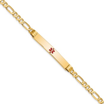 14K Medical Solid Chain/Solid Plate 37x6mm Centered Red Enamel Figaro Link 7 inch ID Bracelet