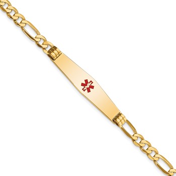 14K Medical Solid Chain/Solid Plate Soft Diamond Shape 36x9mm Centered Red Enamel Flat Figaro Link 7 inch ID Bracelet