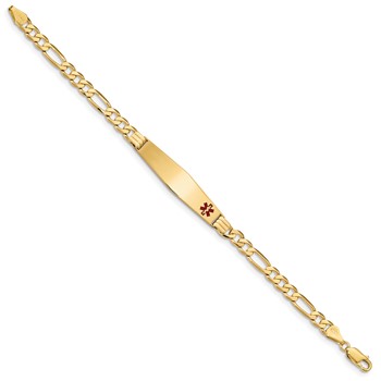 14K Medical Solid Chain/Solid Plate Soft Diamond Shape 36x9mm Off-Center Red Enamel Flat Figaro Link 7 inch ID Bracelet — alternate view