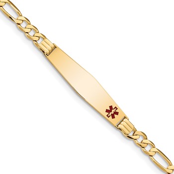14K Medical Solid Chain/Solid Plate Soft Diamond Shape 36x9mm Off-Center Red Enamel Flat Figaro Link 7 inch ID Bracelet
