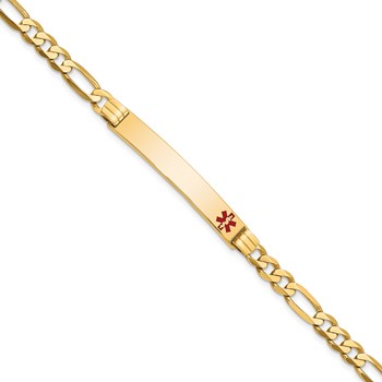 14K Medical Solid Chain/Solid Plate 37x6mm Off-Center Red Enamel Flat Figaro 7 inch Link ID Bracelet
