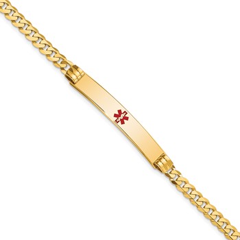14K Medical Solid Chain/Solid Plate 37x6mm Centered Red Enamel Curb Link 7 inch ID Bracelet
