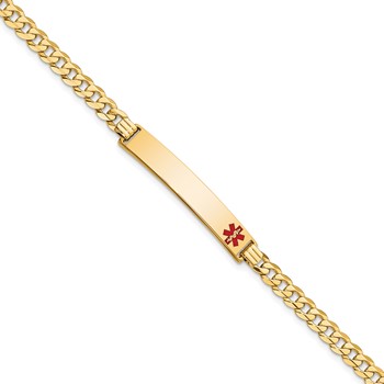 14K Medical Solid Chain/Solid Plate 37x6mm Off-Center Red Enamel Curb Link 8 inch ID Bracelet