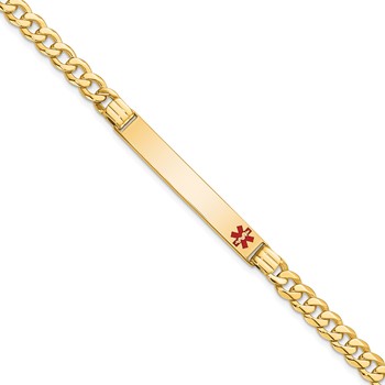 14K Medical Solid Chain/Solid Plate 37x6mm Off-Center Red Enamel Curb Link 7 inch ID Bracelet