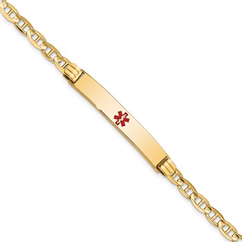 14K Medical Solid Chain/Solid Plate 37x6mm Centered Red Enamel Anchor Link 8 inch ID Bracelet