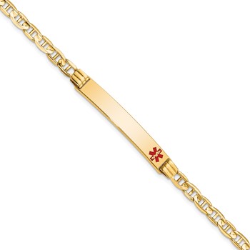 14K Medical Solid Chain/Solid Plate 37x6mm Off-Center Red Enamel Anchor Link 7 inch ID Bracelet