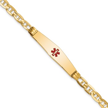 14K Medical Solid Chain/Solid Plate Soft Diamond Shape 36x9mm Centered Red Enamel Anchor Link 8 inch ID Bracelet