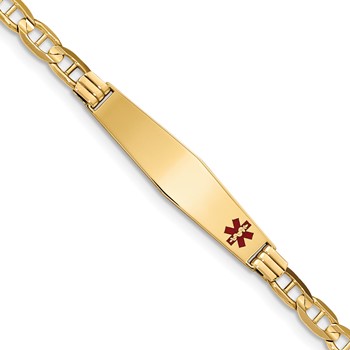 14K Medical Solid Chain/Solid Plate Soft Diamond Shape 37x9mm Off-Center Red Enamel Anchor Link 8 inch ID Bracelet
