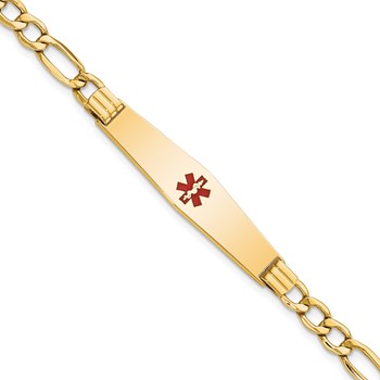 14K Medical Semi-Solid Chain/Solid Plate Soft Diamond Shape 37x9mm Centered Red Enamel Figaro Link 7 inch ID Bracelet