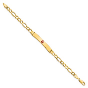 14K Medical Semi-Solid Chain/Solid Plate 37x6mm Centered Red Enamel Figaro Link 7 inch ID Bracelet — alternate view