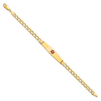 14K Medical Semi-Solid Chain/Solid Plate Soft Diamond Shape 37x9mm Centered Red Enamel Curb Link 7 inch ID Bracelet — alternate view