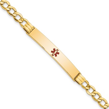 14K Medical Semi-Solid Chain/Solid Plate 37x6mm Centered Red Enamel Cuban Link 7 inch ID Bracelet