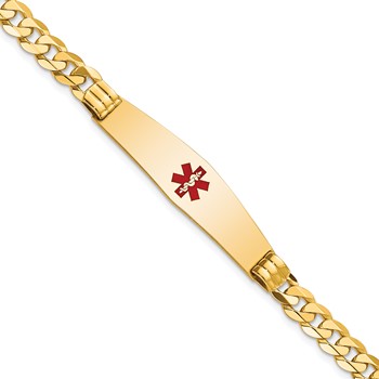 14K Medical Solid Chain/Solid Plate Soft Diamond Shape 37x9mm Centered Red Enamel Curb Link 8 inch ID Bracelet
