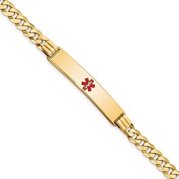 14K Medical Solid Chain/Solid Plate 38x8mm Centered Red Enamel Curb Link 8 inch ID Bracelet