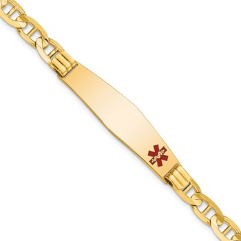 14K Medical Solid Chain/Solid Plate Soft Diamond Shape 38x9mm Off-Center Red Enamel Anchor Link 8 inch ID Bracelet