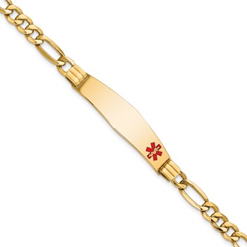 14K Medical Semi-Solid Chain/Solid Plate Soft Diamond Shape 38x9mm Off-Center Red Enamel Figaro Link 7 inch ID Bracelet